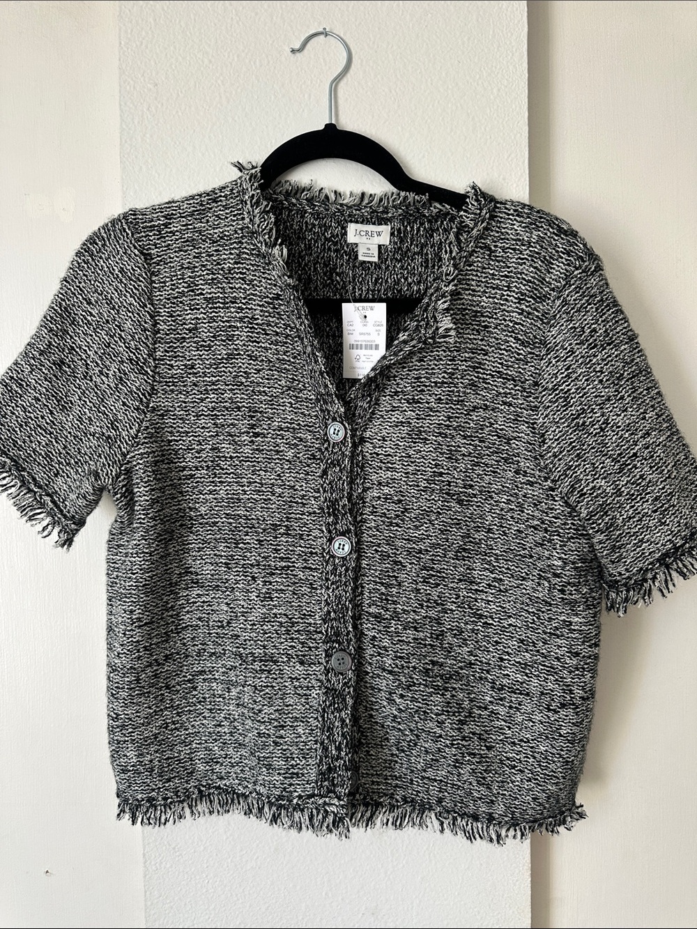 J. Crew Black & White Tweed Fringe Short Sleeve Cardigan